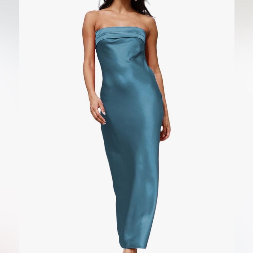 Blue Midi Satin Strapless Dress